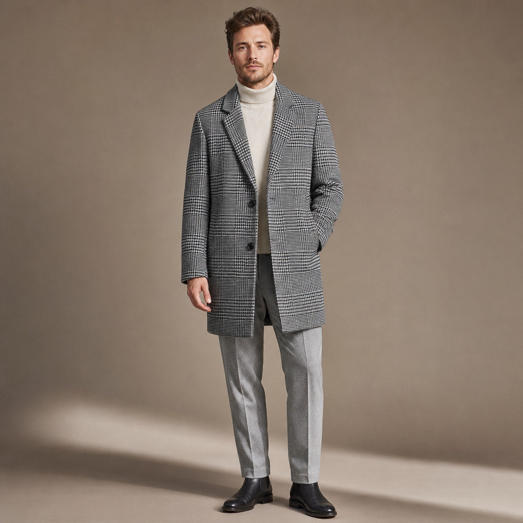 Wool Coat Houndstooth Notch Lapel Grey – Product Photo