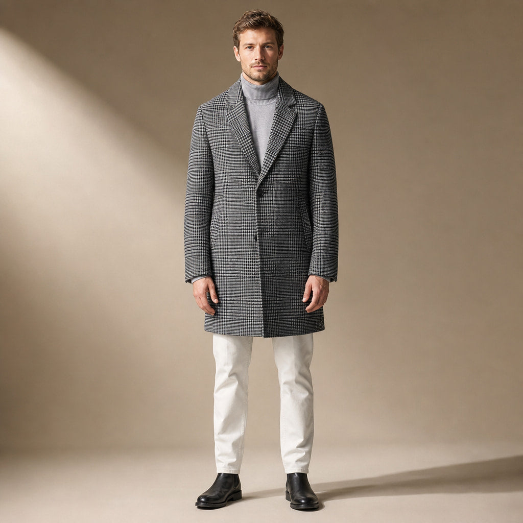 Wool Coat Houndstooth Notch Lapel in Grey – Tomosino Premium Menswear