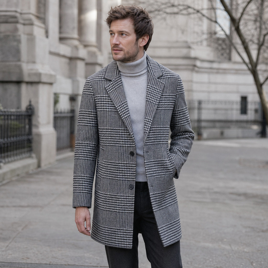 Wool Coat Houndstooth Notch Lapel Grey – Styled Editorial Shot