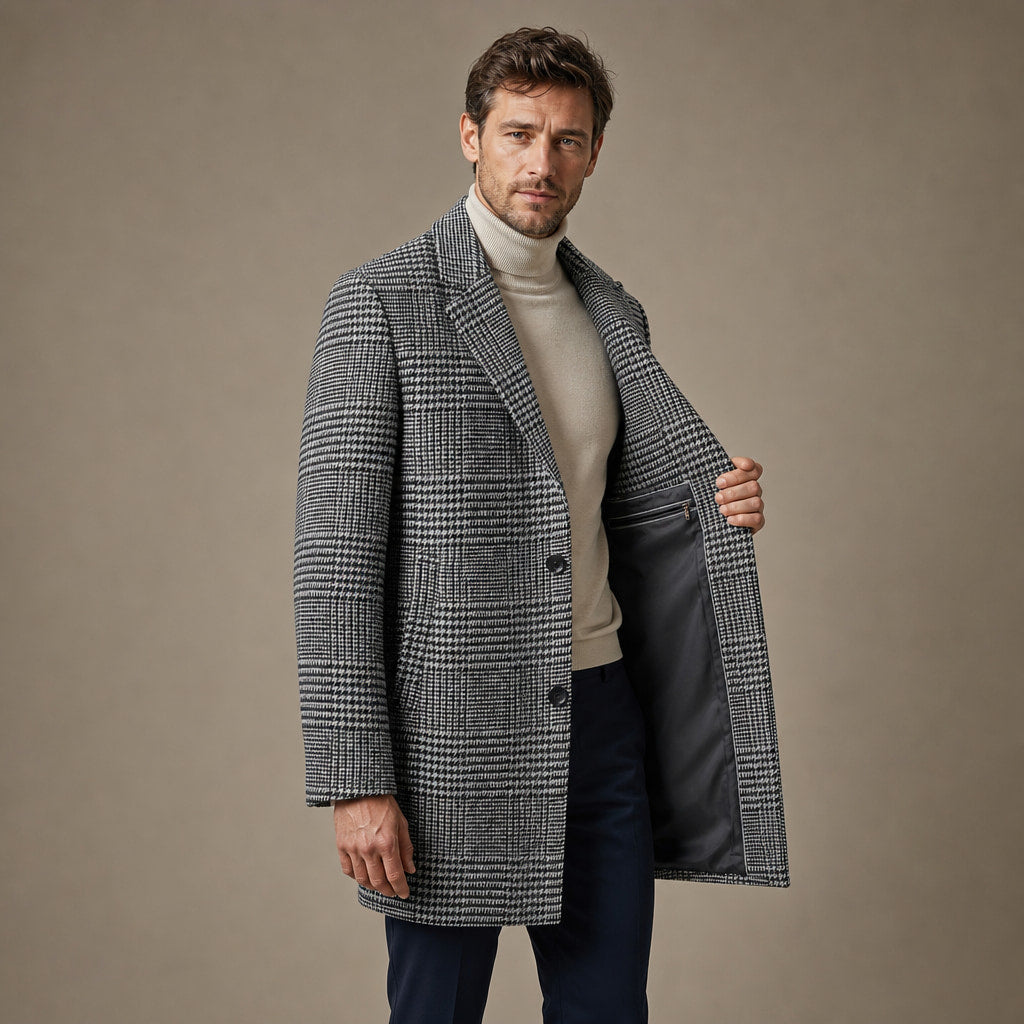 Wool Coat Houndstooth Notch Lapel Grey – Interior Lining Detail