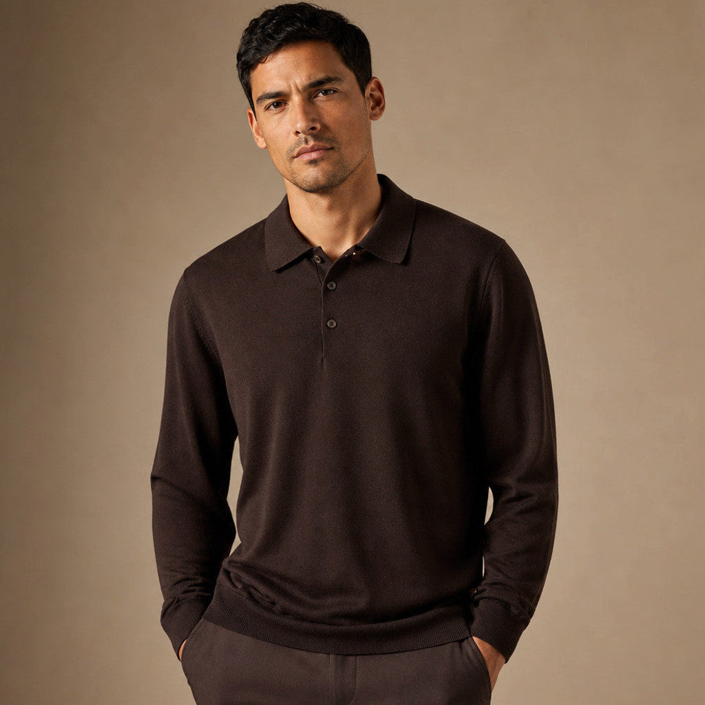 Kirkland | Wool Polo Shirt with Knit Collar Dark Brown – Product Photo