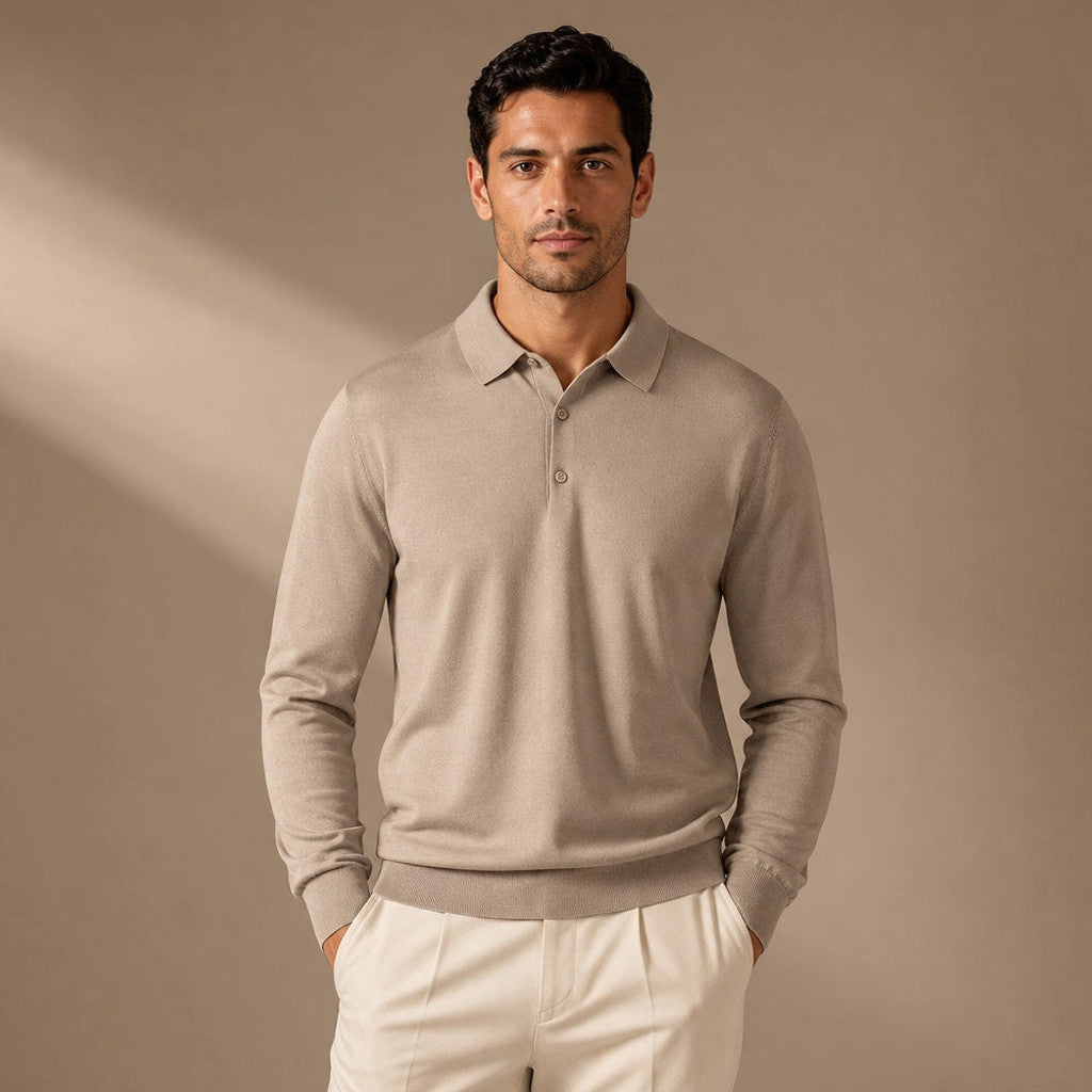 Kirkland | Wool Polo Shirt with Knit Collar Khaki – Product Photo