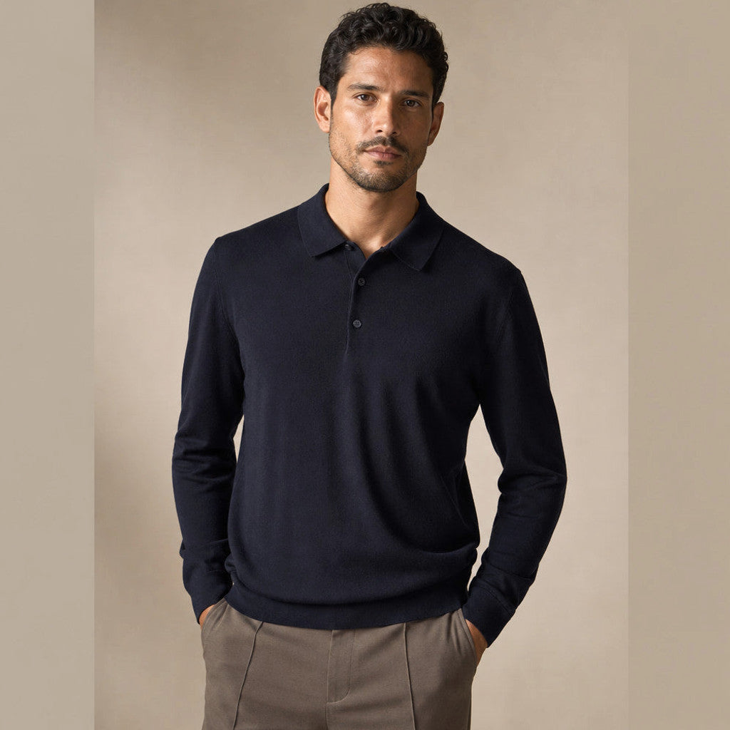 Kirkland | Wool Polo Shirt with Knit Collar Midnight Navy – Product Photo
