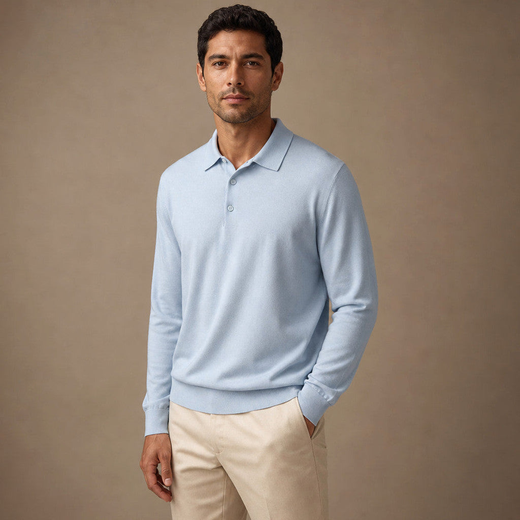 Kirkland | Wool Polo Shirt with Knit Collar Powder Blue – Side Angle View