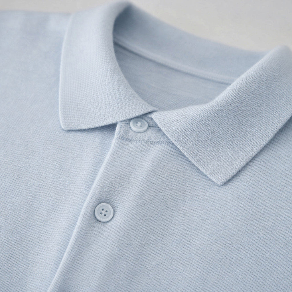 Kirkland | Wool Polo Shirt with Knit Collar Powder Blue – Fabric and Detail Close-Up