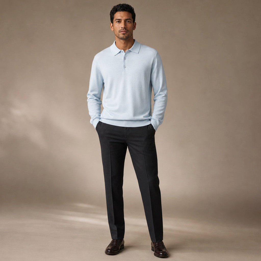 Kirkland | Wool Polo Shirt with Knit Collar Powder Blue – Full Look