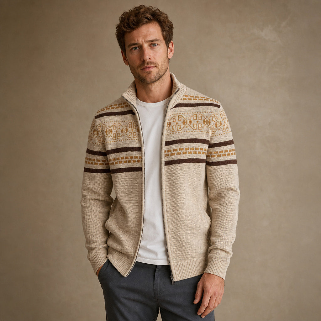 Zip-Up Cardigan Fair Isle Knit Khaki – Product Photo