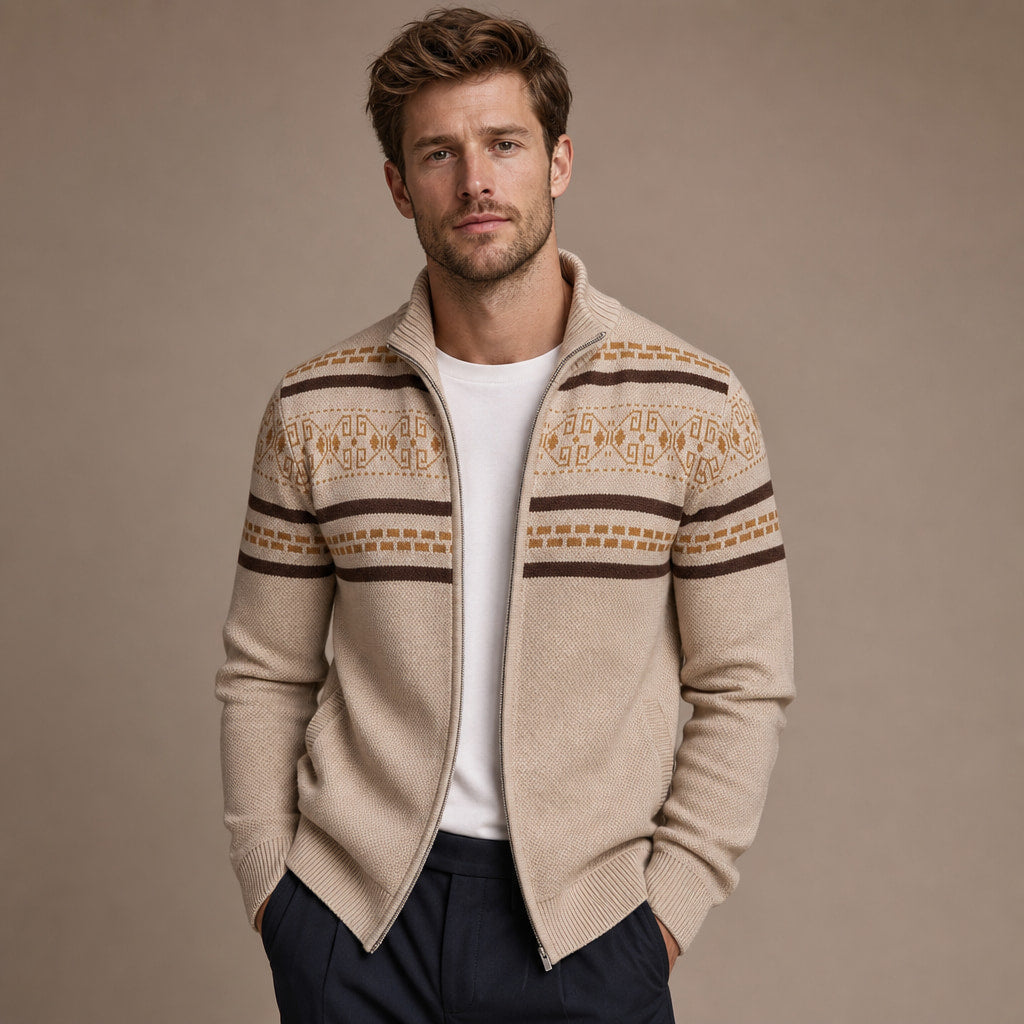 Zip-Up Cardigan Fair Isle Knit in Khaki – Tomosino Premium Menswear