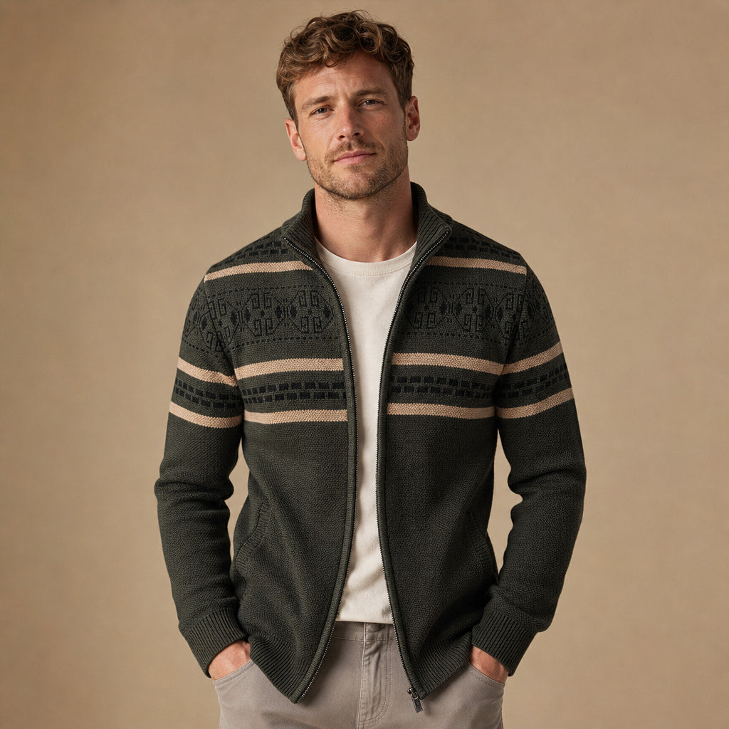 Zip-Up Cardigan Fair Isle Knit in Military Green – Tomosino Premium Menswear