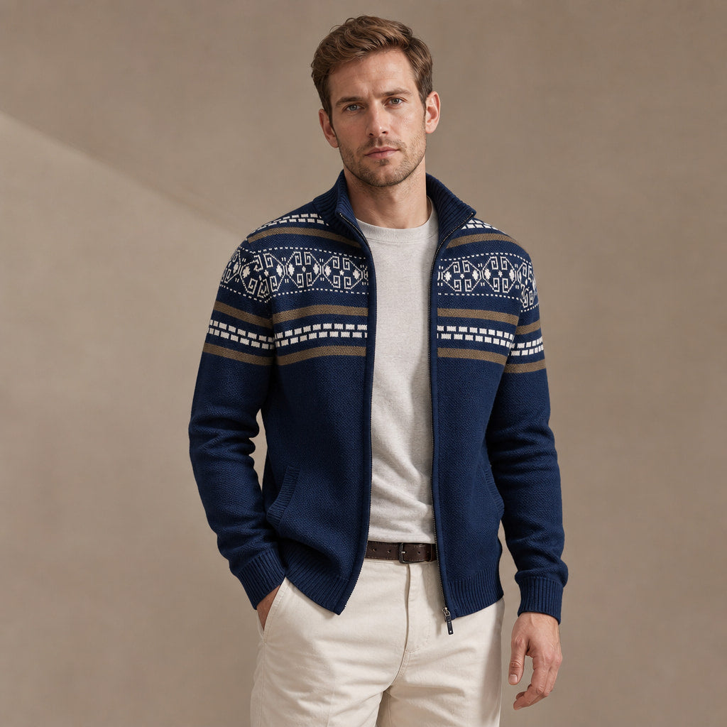 Zip-Up Cardigan Fair Isle Knit Navy Blue – Side Angle View