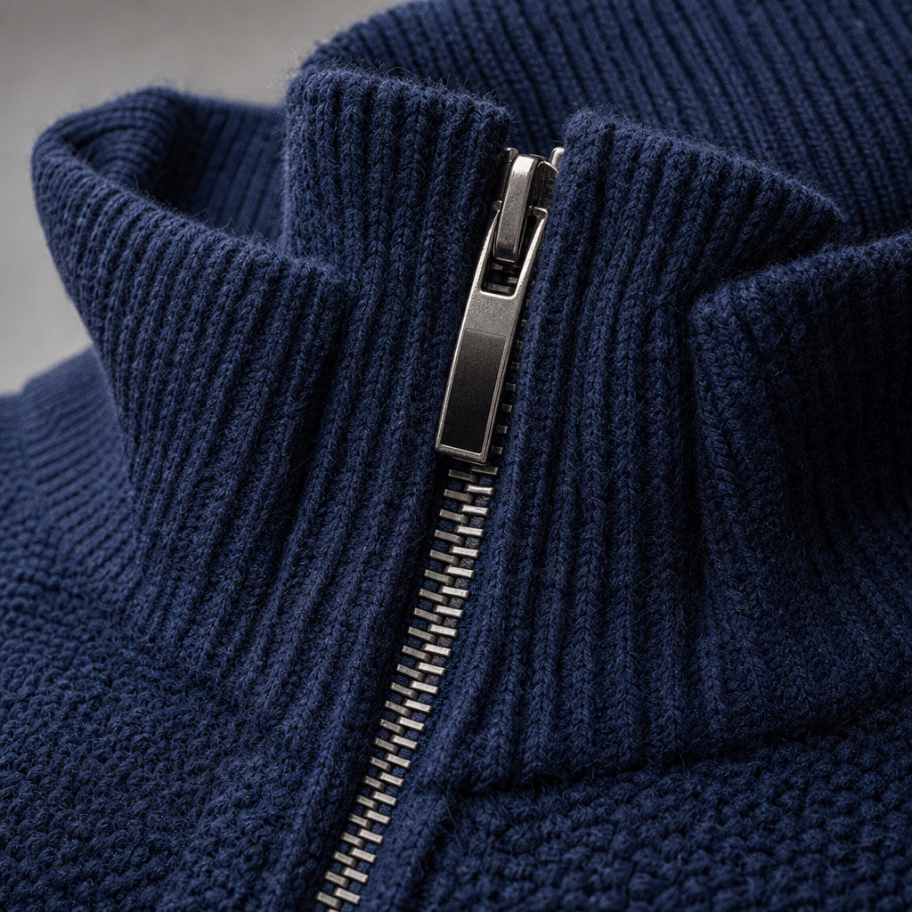 Zip-Up Cardigan Fair Isle Knit Navy Blue – Fabric and Detail Close-Up