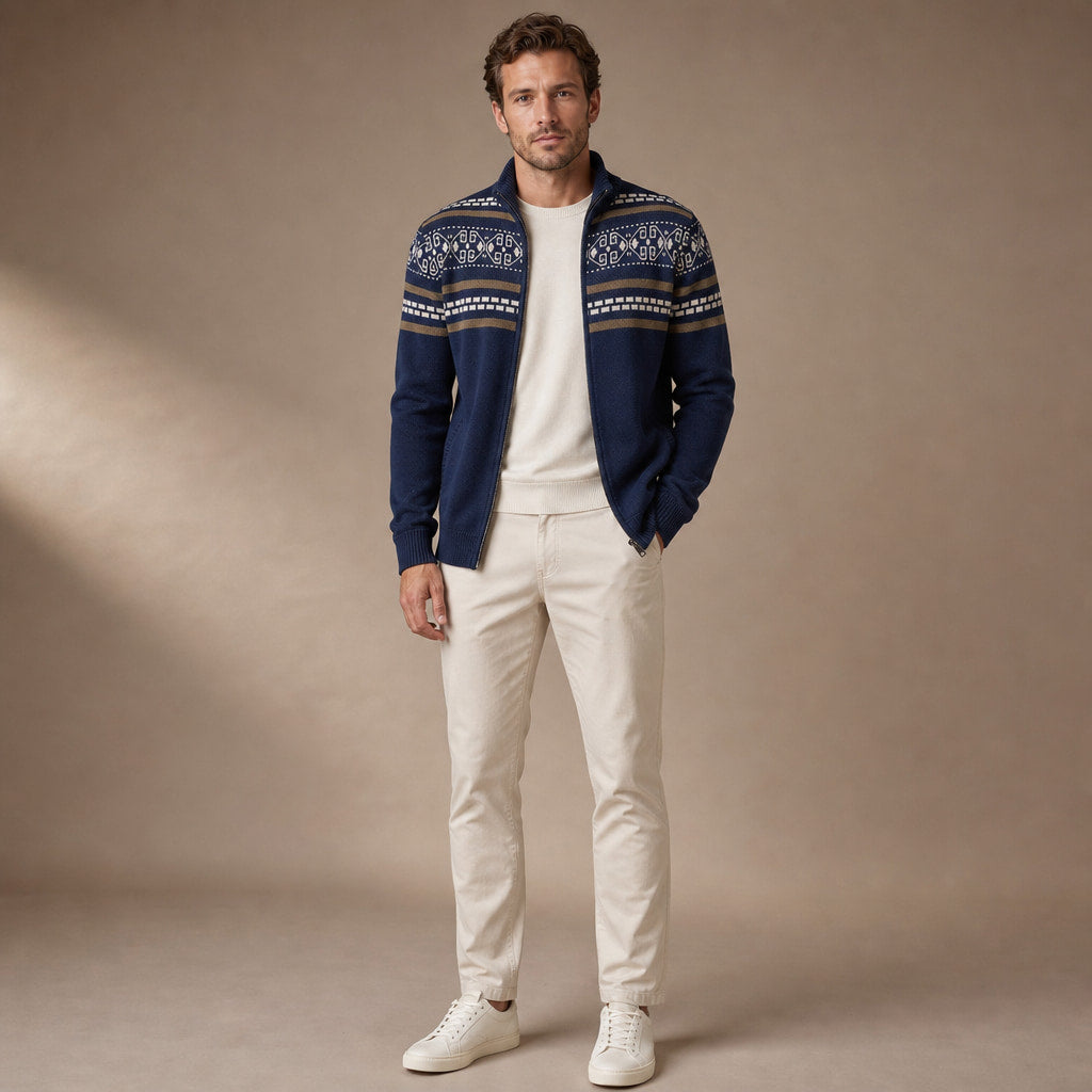Zip-Up Cardigan Fair Isle Knit Navy Blue – Full Look