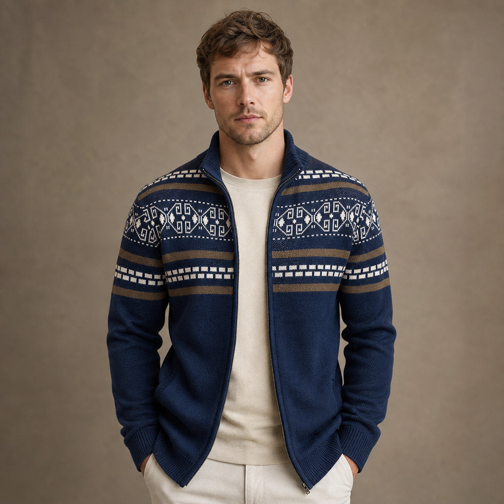 Zip-Up Cardigan Fair Isle Knit in Navy Blue – Tomosino Premium Menswear