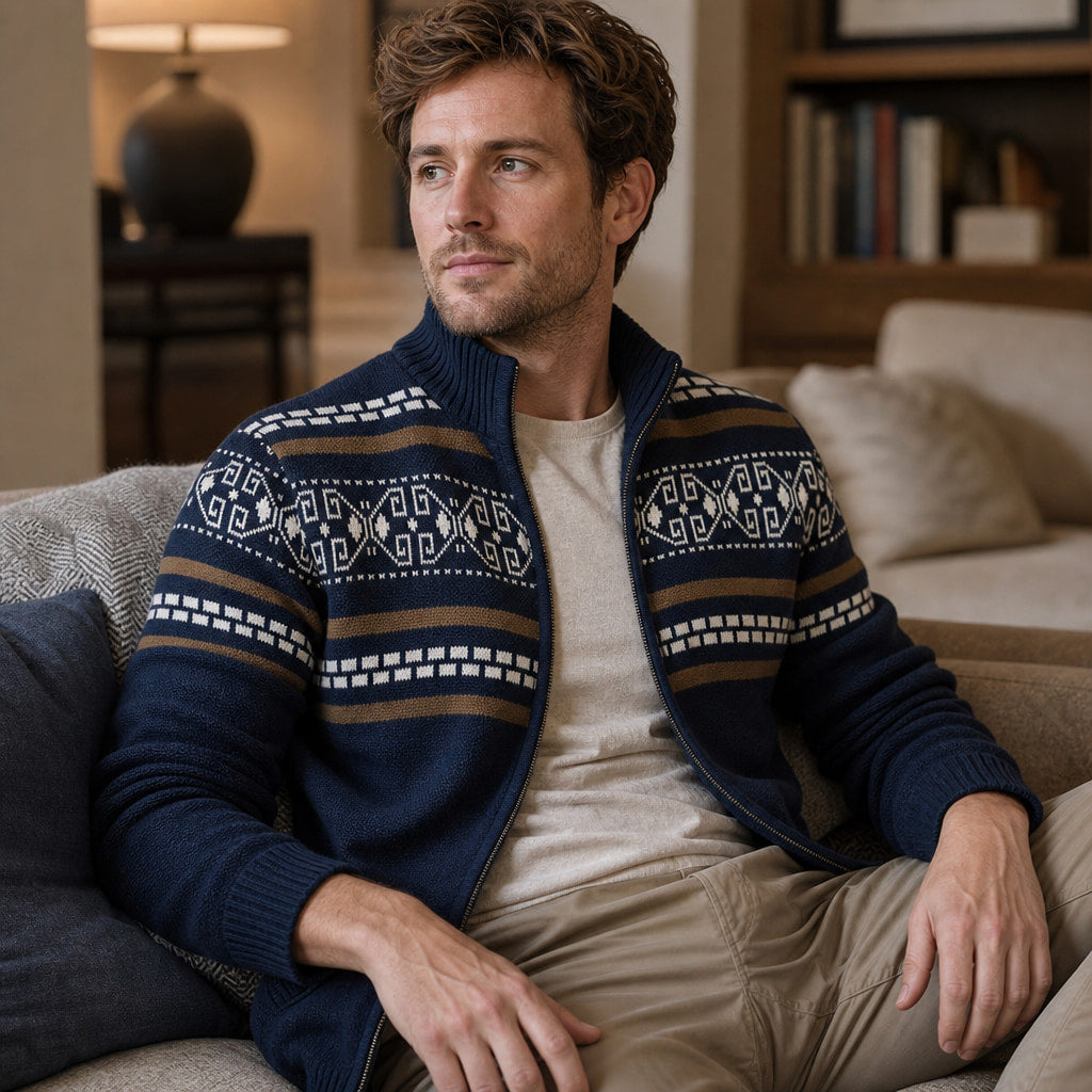 Zip-Up Cardigan Fair Isle Knit Navy Blue – Styled Editorial Shot