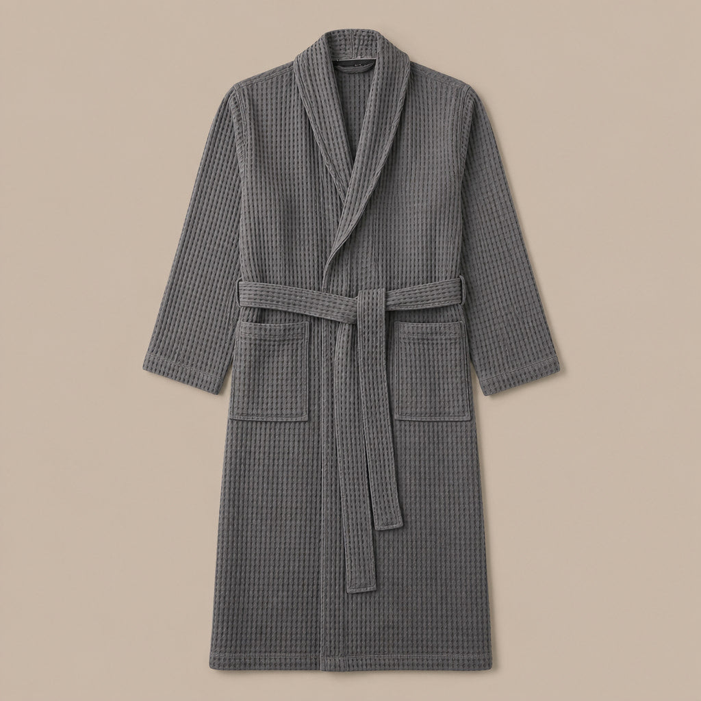 Waffle Cotton Bathrobe Belted Grey – Product Photo
