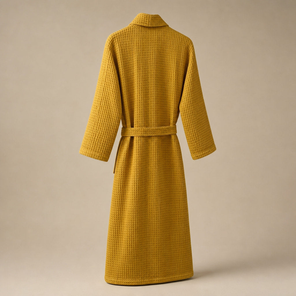 Waffle Cotton Bathrobe Belted Yellow – Side Angle View