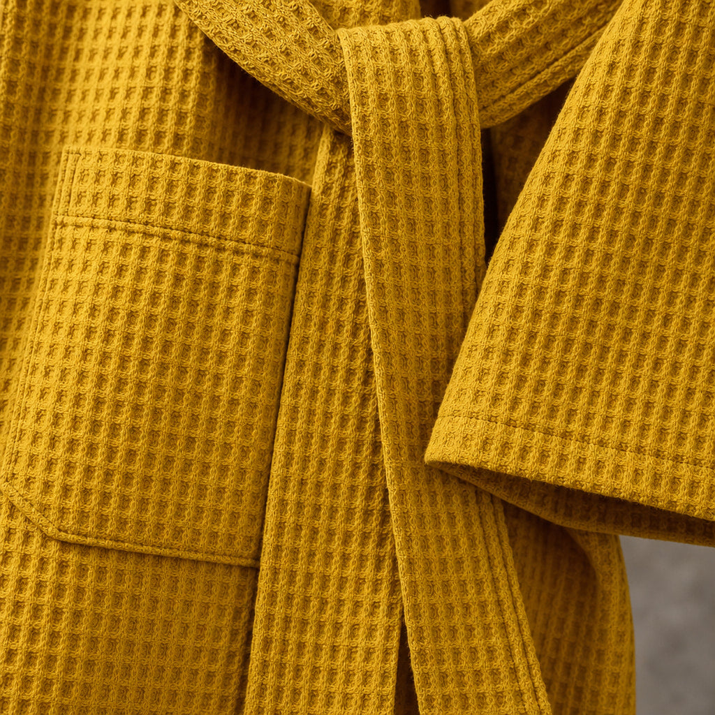 Waffle Cotton Bathrobe Belted Yellow – Fabric and Detail Close-Up