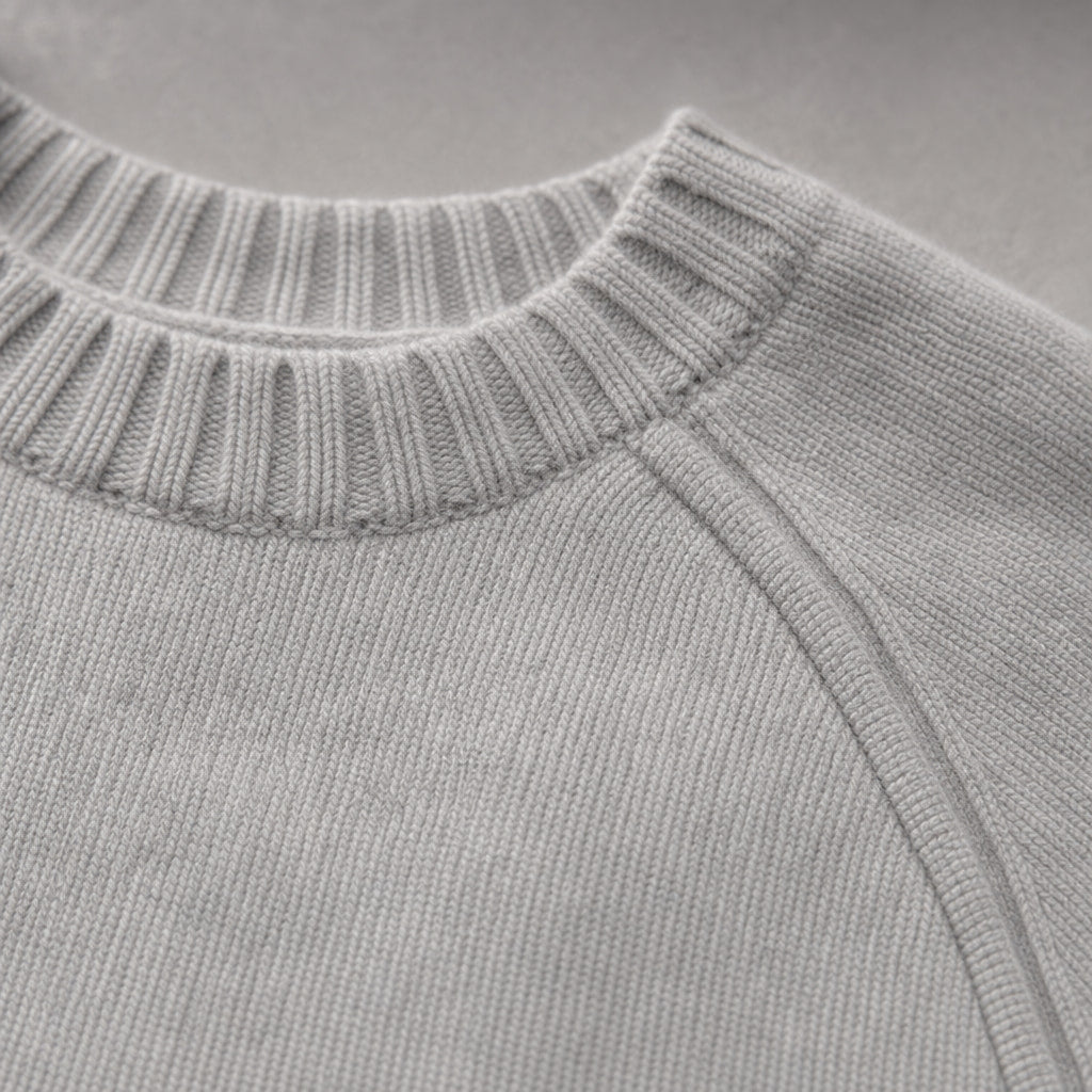 Crew Neck Sweater Raglan Sleeve Grey – Fabric and Detail Close-Up