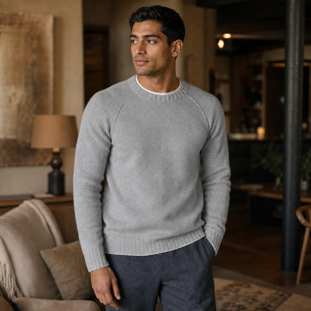 Crew Neck Sweater Raglan Sleeve Grey – Styled Editorial Shot