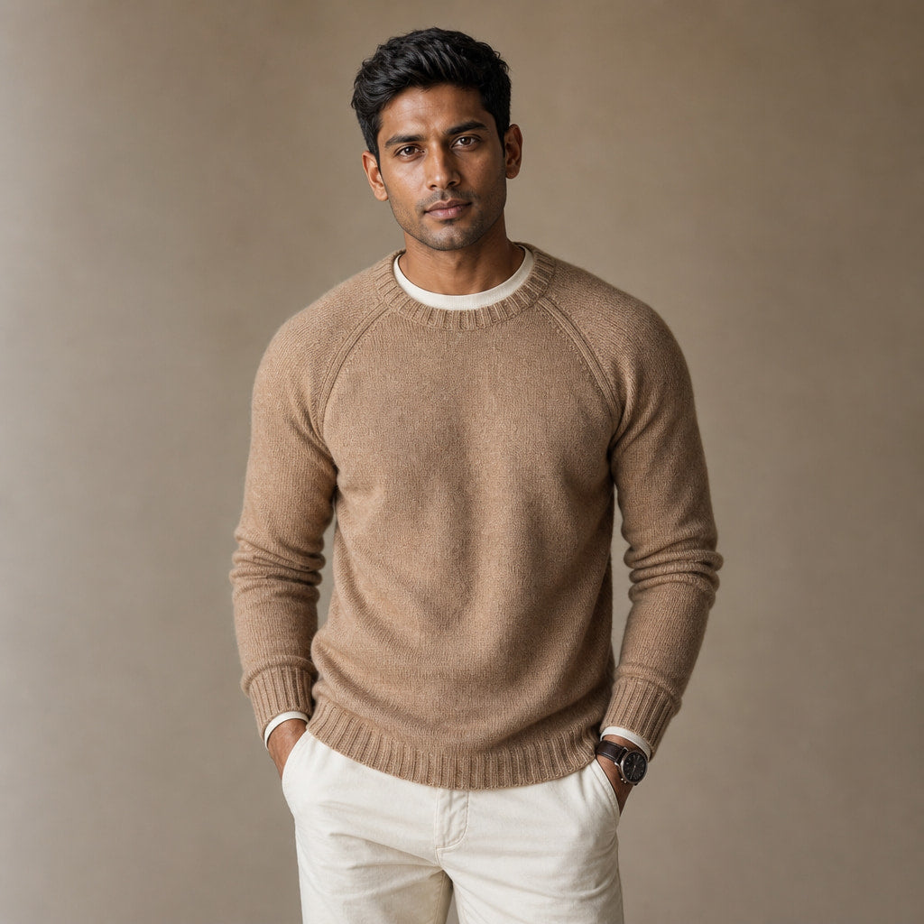 Crew Neck Sweater Raglan Sleeve in Khaki – Tomosino Premium Menswear