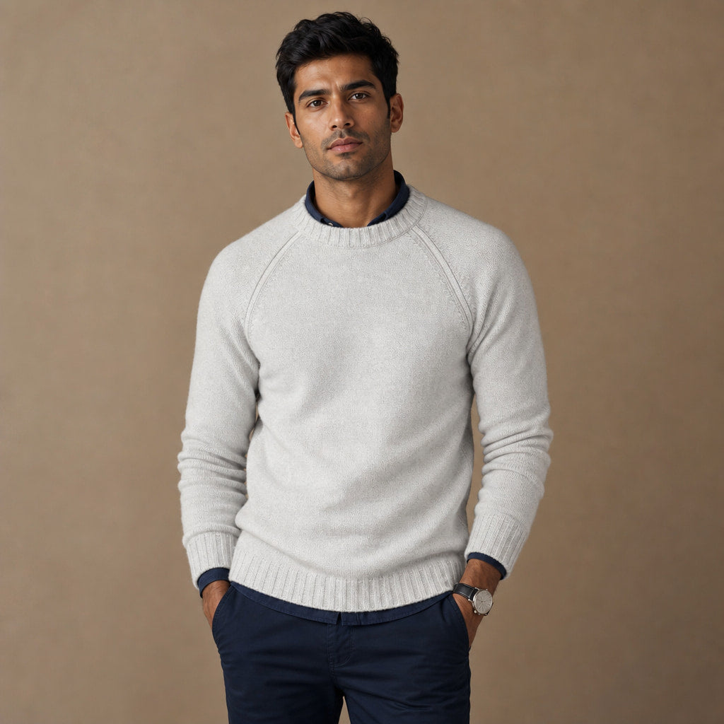 Crew Neck Sweater Raglan Sleeve White Grey – Product Photo