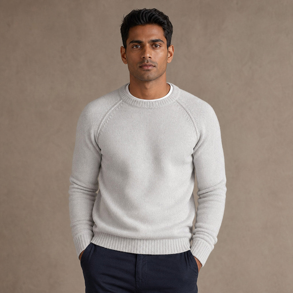 Crew Neck Sweater Raglan Sleeve in White Grey – Tomosino Premium Menswear