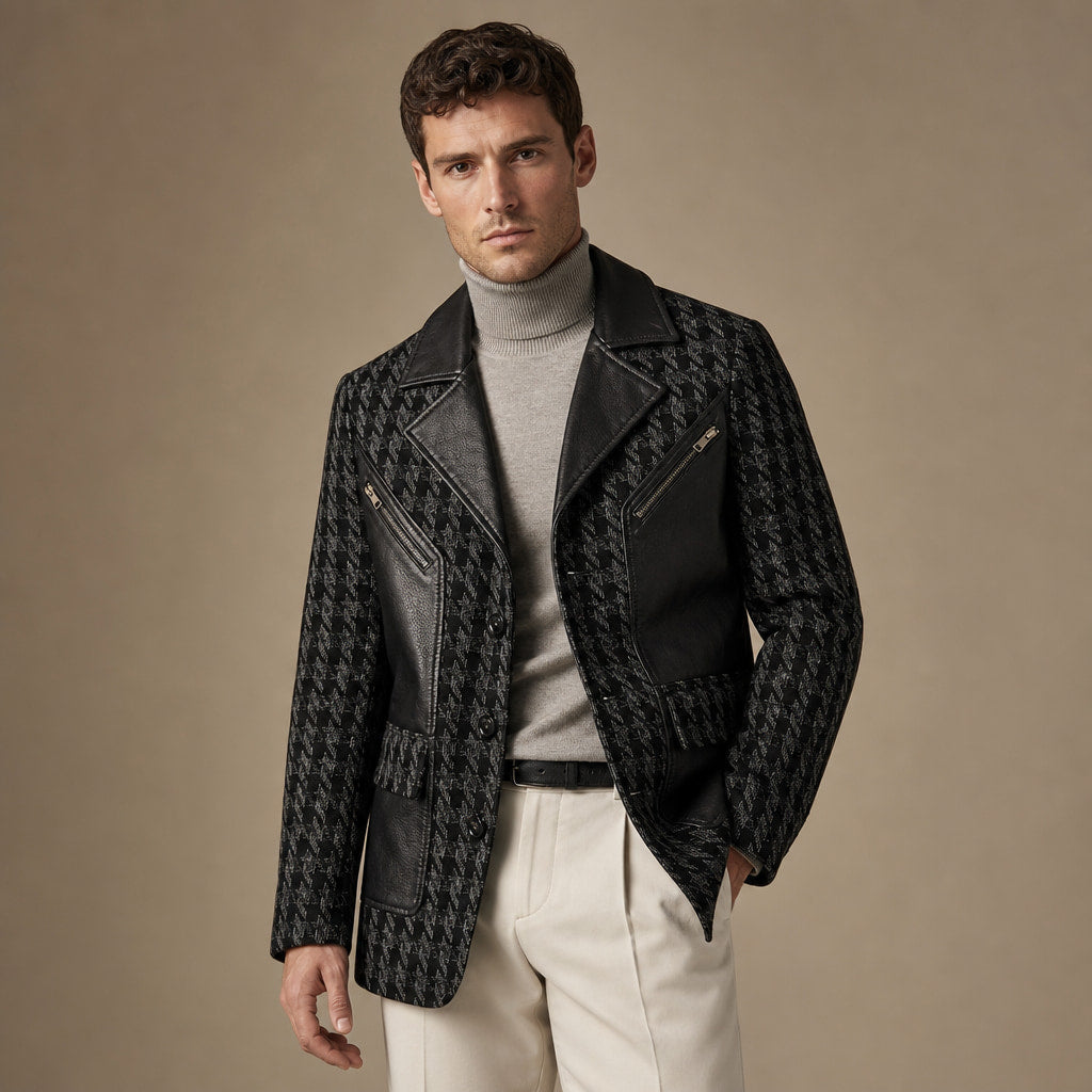 Houndstooth Jacket Leather Trim Black Grey Houndstooth Black Grey Houndstooth – Side Angle View