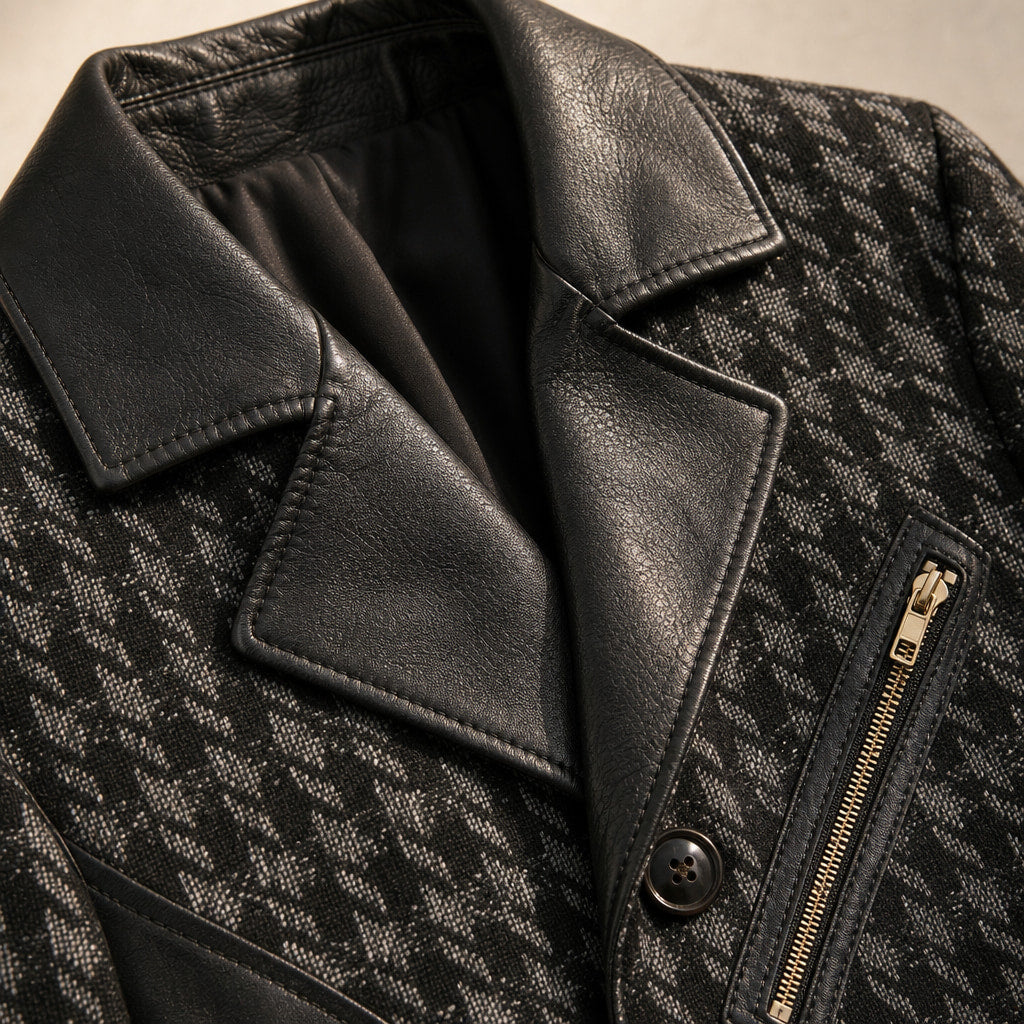 Houndstooth Jacket Leather Trim Black Grey Houndstooth Black Grey Houndstooth – Fabric and Detail Close-Up