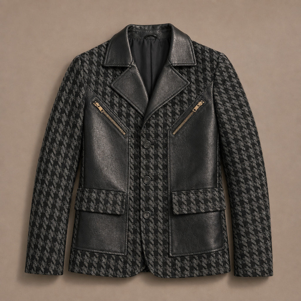 Houndstooth Jacket Leather Trim Black Grey Houndstooth Black Grey Houndstooth – Flat Lay Product Photo