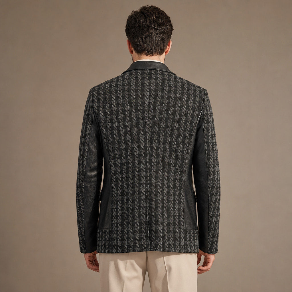 Houndstooth Jacket Leather Trim Black Grey Houndstooth Black Grey Houndstooth – Full Look