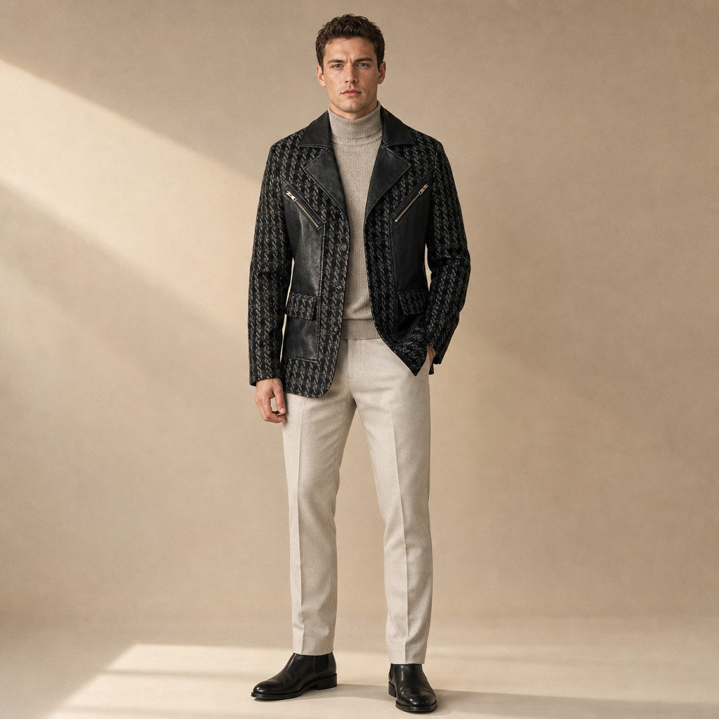 Houndstooth Jacket Leather Trim Black Grey Houndstooth Black Grey Houndstooth – Product Photo