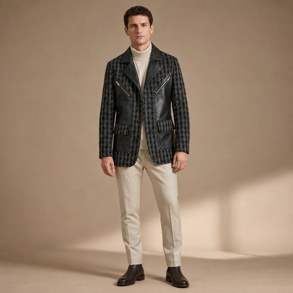 Houndstooth Jacket Leather Trim Black Grey Houndstooth in Black Grey Houndstooth – Tomosino Premium Menswear