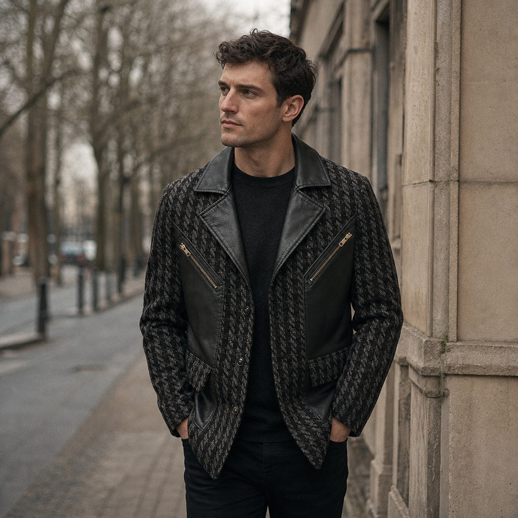 Houndstooth Jacket Leather Trim Black Grey Houndstooth Black Grey Houndstooth – Styled Editorial Shot