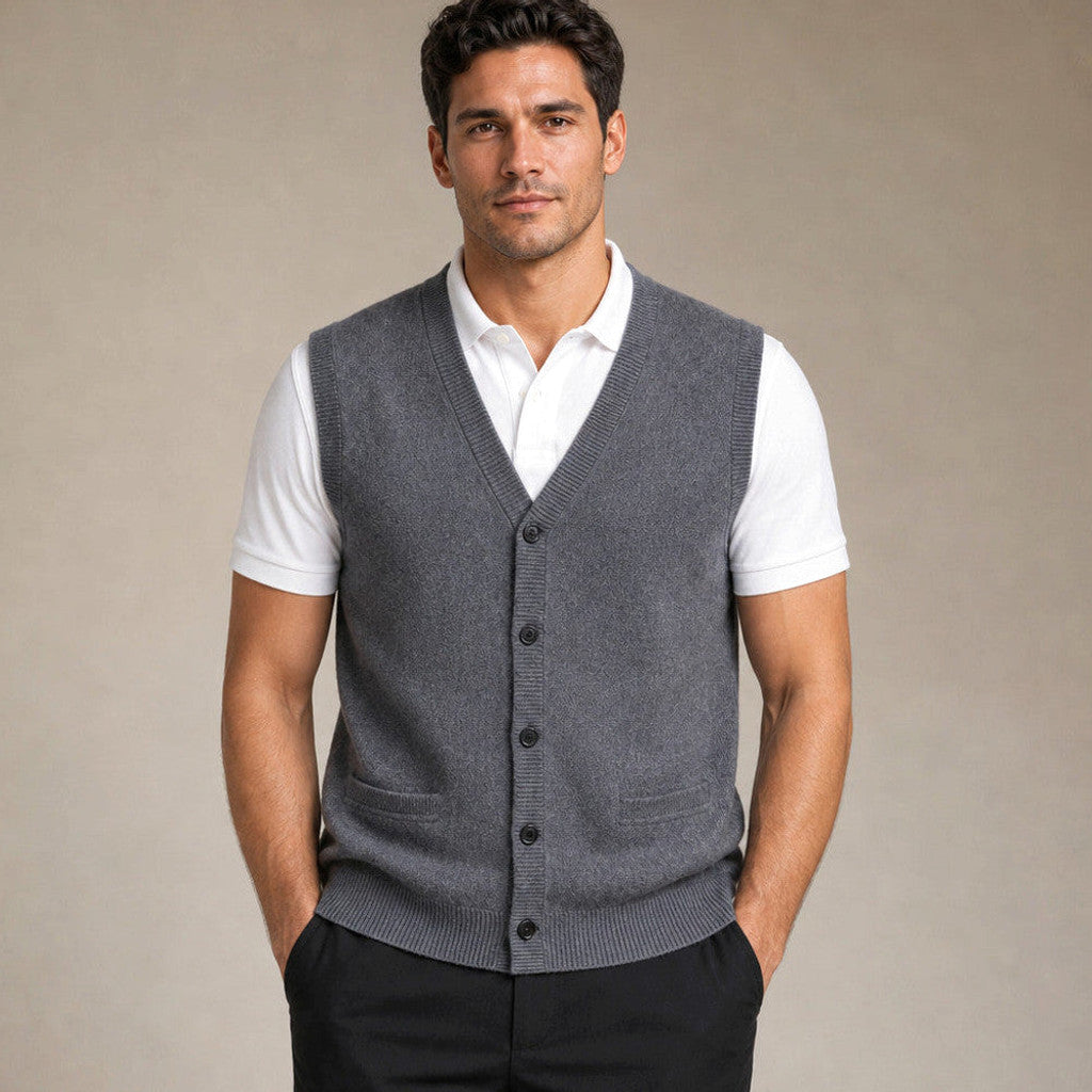 Grey V-neck button-up knit sweater vest, front view