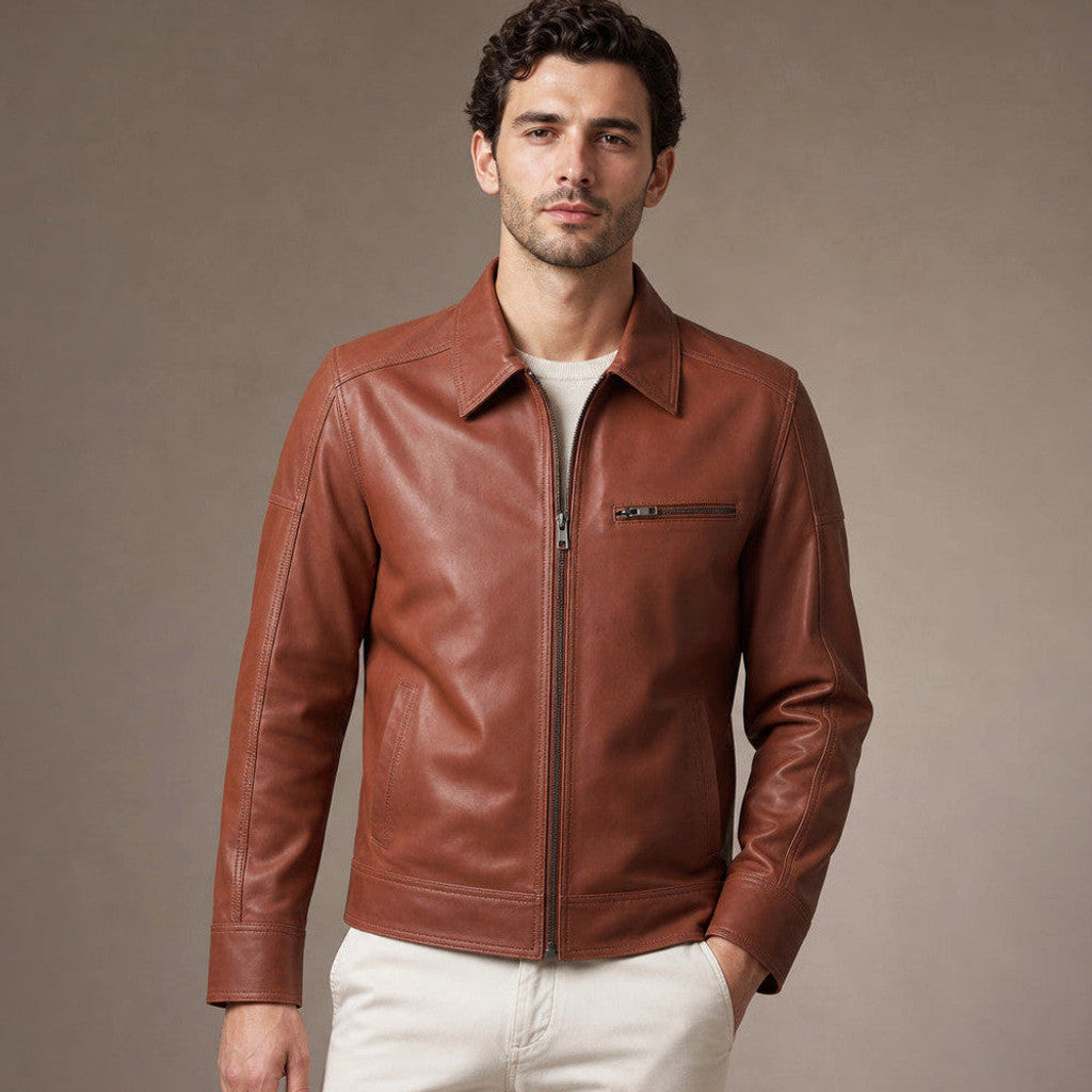 Windsor tan sheepskin leather biker jacket with flat polo collar and front zip