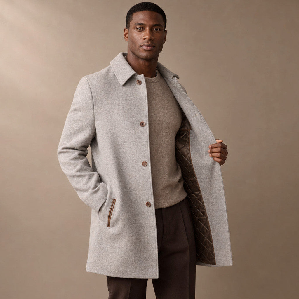 Lindhurst | Wool Car Coat Leather-Trimmed Pockets Grey Grey – Side Angle View