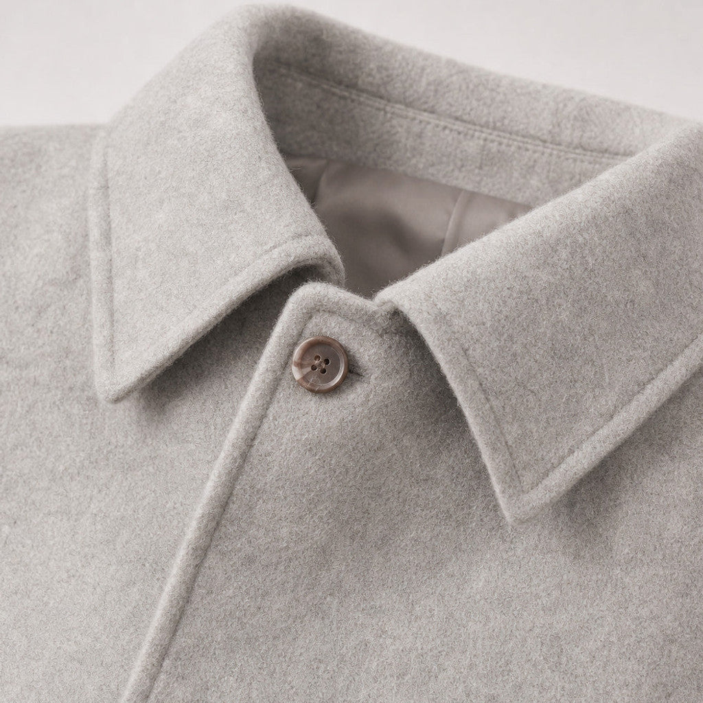 Lindhurst | Wool Car Coat Leather-Trimmed Pockets Grey Grey – Fabric and Detail Close-Up