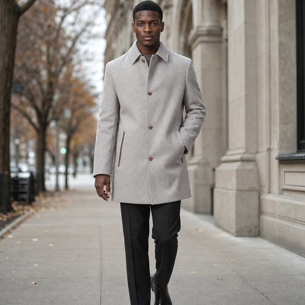 Lindhurst | Wool Car Coat Leather-Trimmed Pockets Grey Grey – Styled Editorial Shot