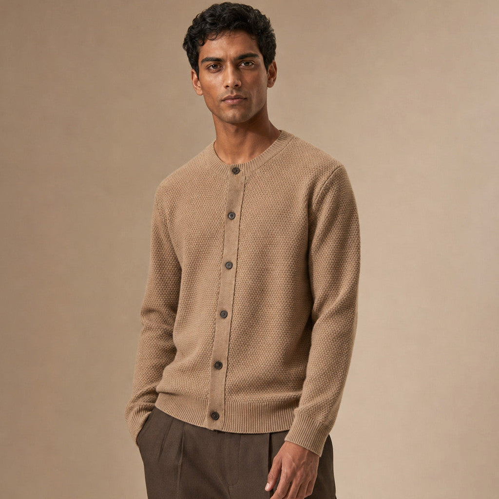 Llewelyn | Wool Cardigan Seed Stitch Camel – Side Angle View