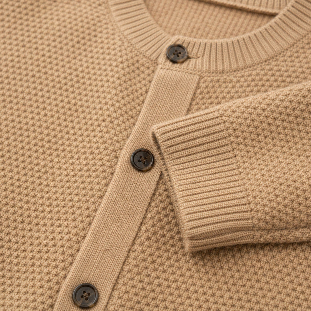 Llewelyn | Wool Cardigan Seed Stitch Camel – Fabric and Detail Close-Up