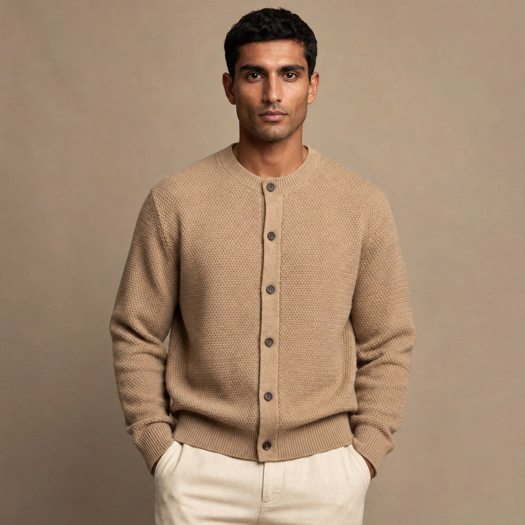 Llewelyn | Wool Cardigan Seed Stitch in Camel – Premium Editorial