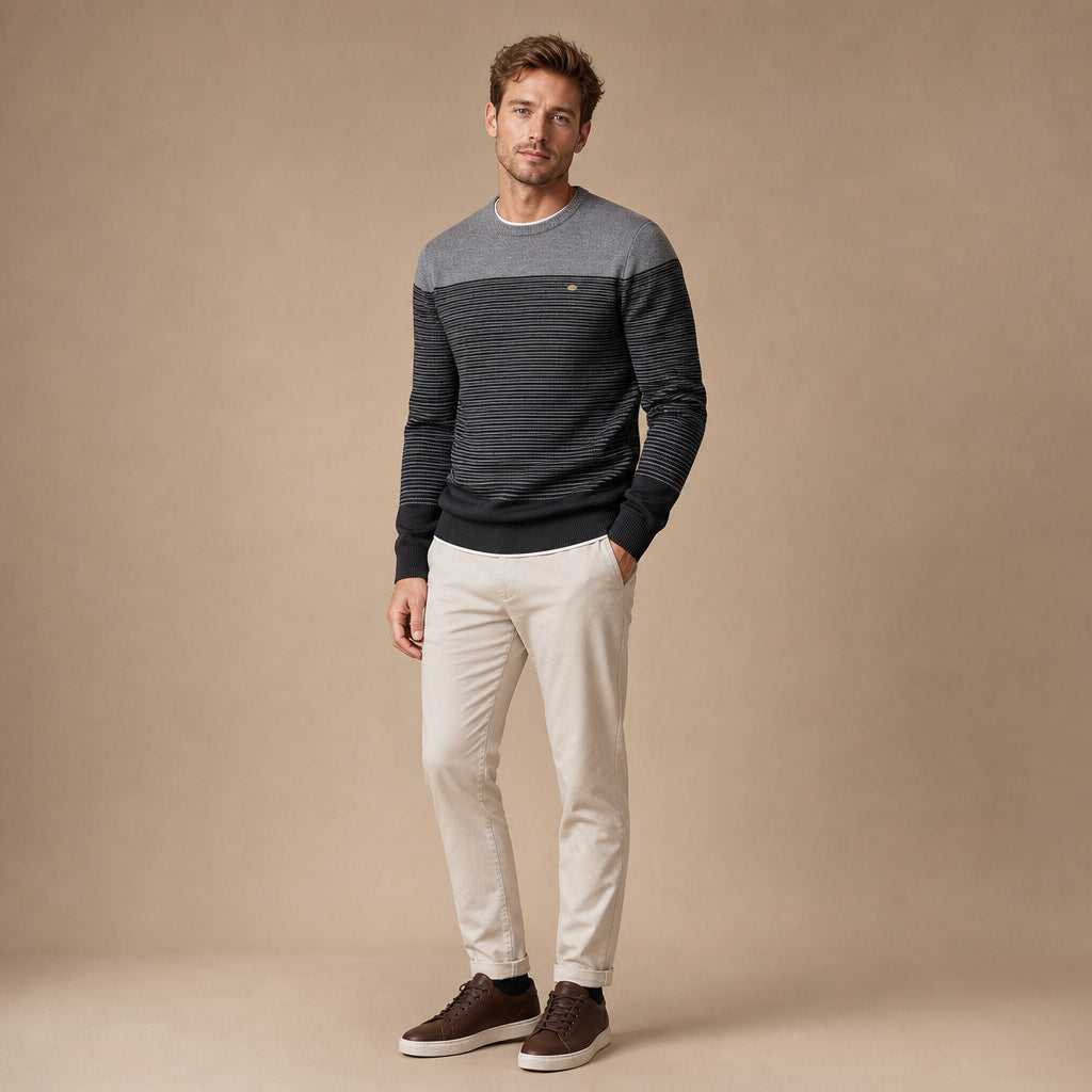 Contrast Stripe Jumper Cotton Knit Grey – Side Angle View