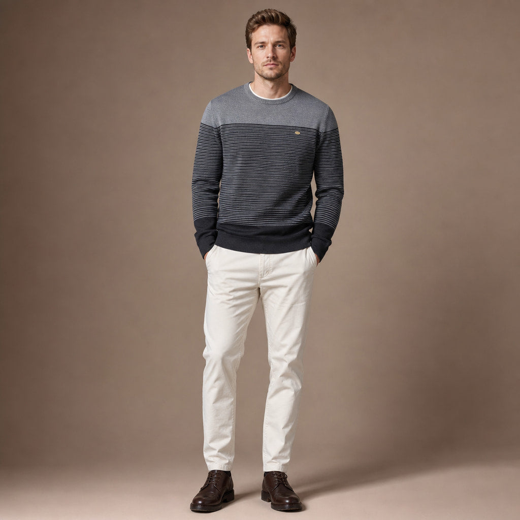 Contrast Stripe Jumper Cotton Knit Grey – Full Look