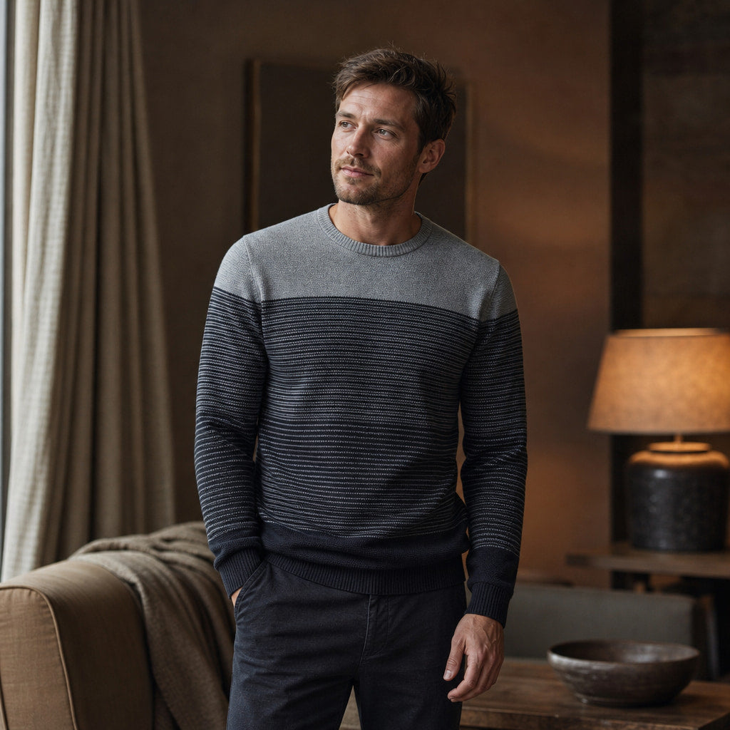 Contrast Stripe Jumper Cotton Knit Grey – Styled Editorial Shot
