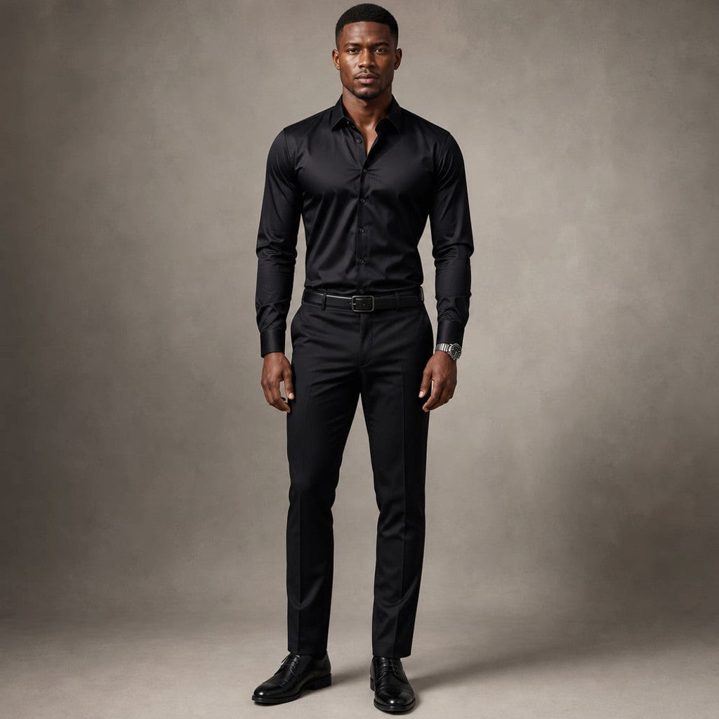 Long Sleeve Dress Shirt Pointed Collar Button Down in Black Black – Product Photo
