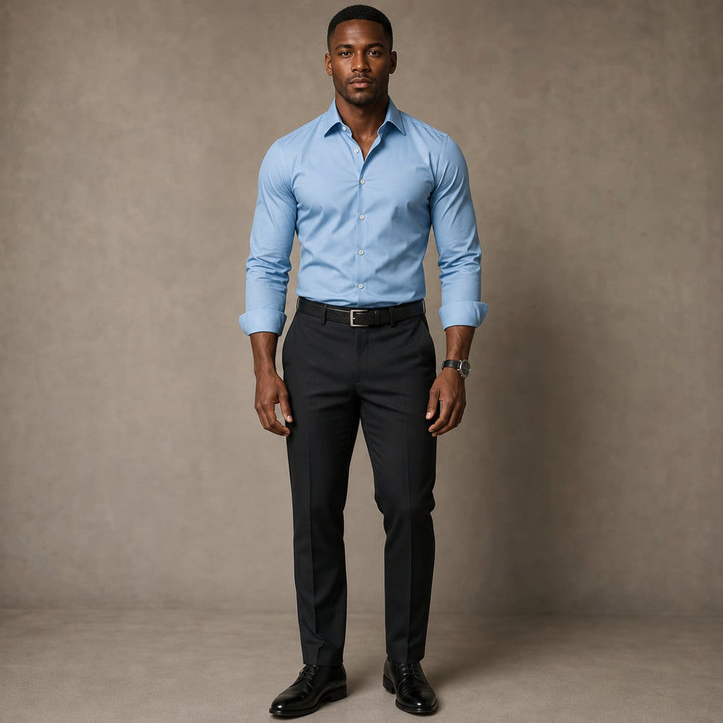 Long Sleeve Dress Shirt Pointed Collar Button Down in Black Blue – Product Photo