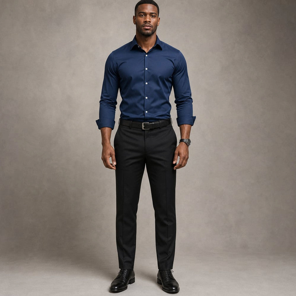 Long Sleeve Dress Shirt Pointed Collar Button Down in Black Dark Blue – Product Photo