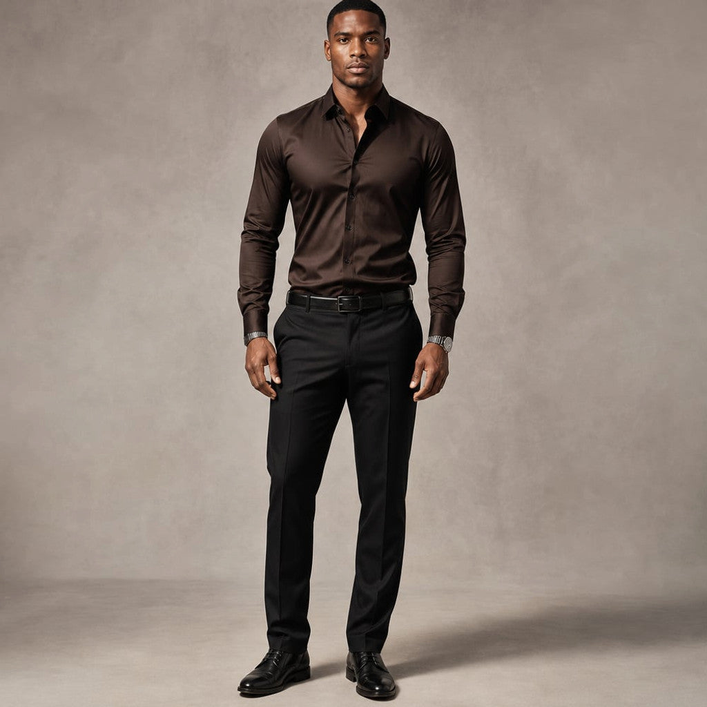 Long Sleeve Dress Shirt Pointed Collar Button Down in Black Dark Brown – Product Photo