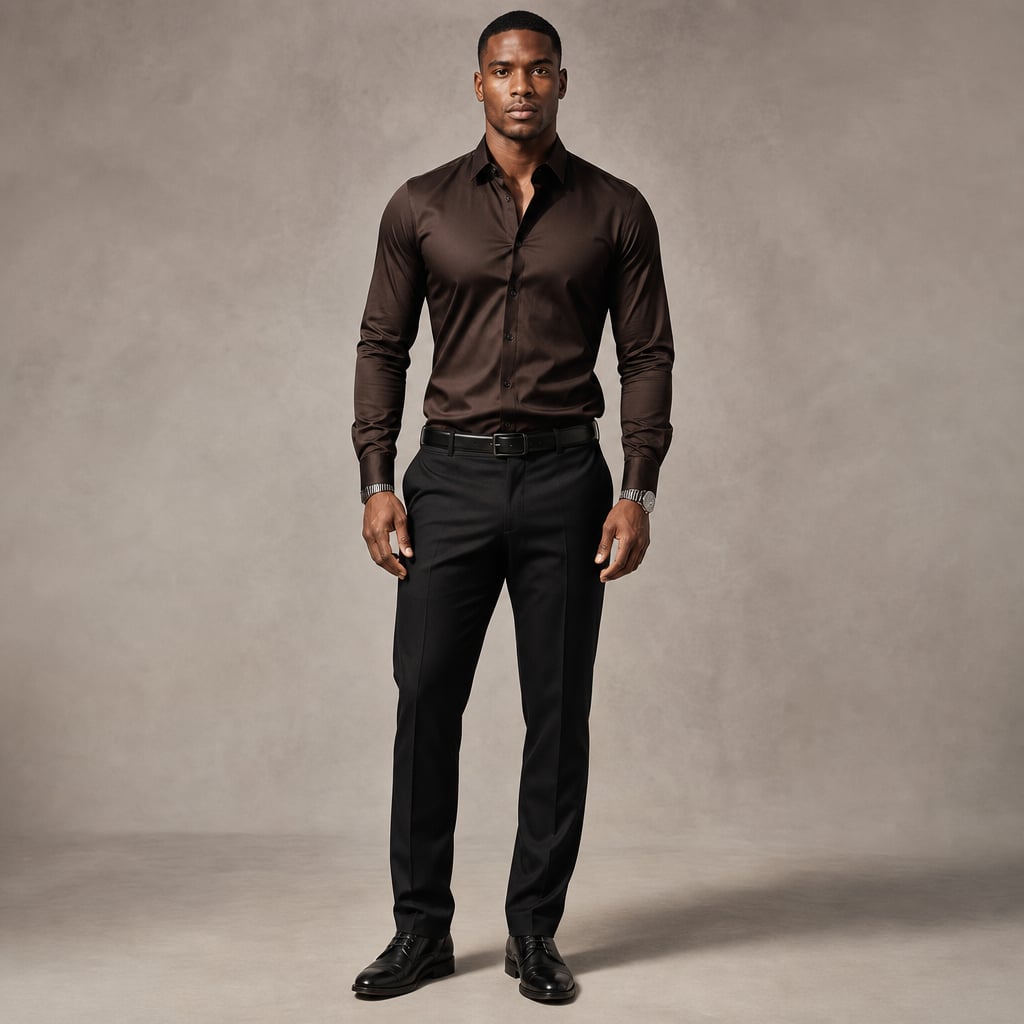 Long Sleeve Dress Shirt Pointed Collar Button Down in Black Dark Brown – Product Photo