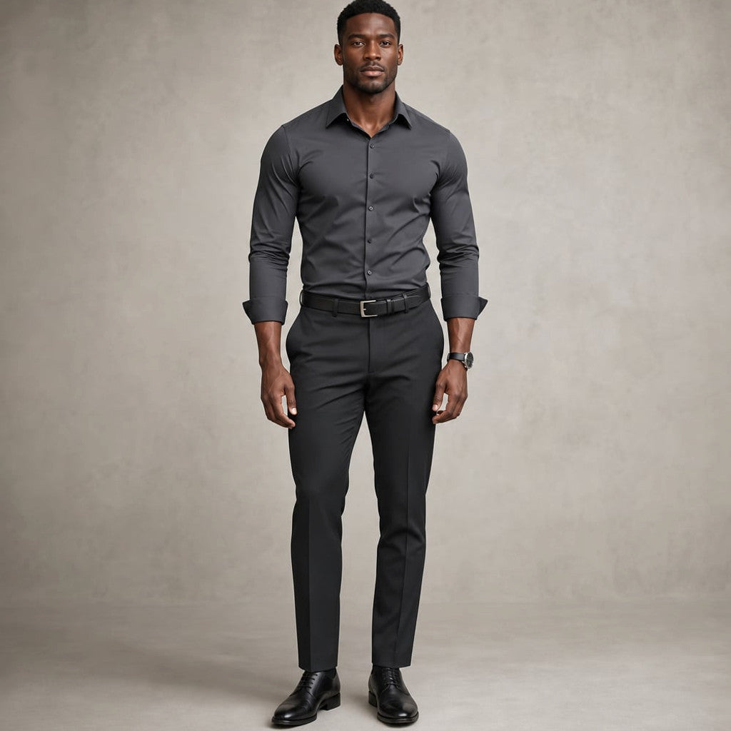 Long Sleeve Dress Shirt Pointed Collar Button Down in Black Dark Gray – Product Photo